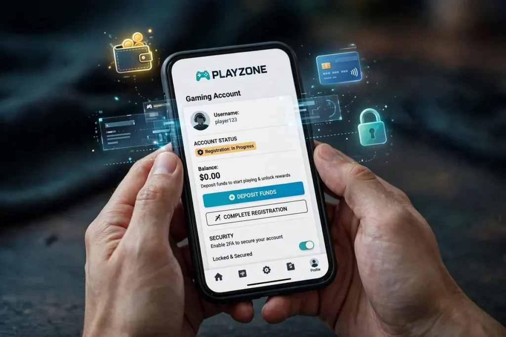 Hands holding a smartphone showing a gaming account screen with wallet and security icons