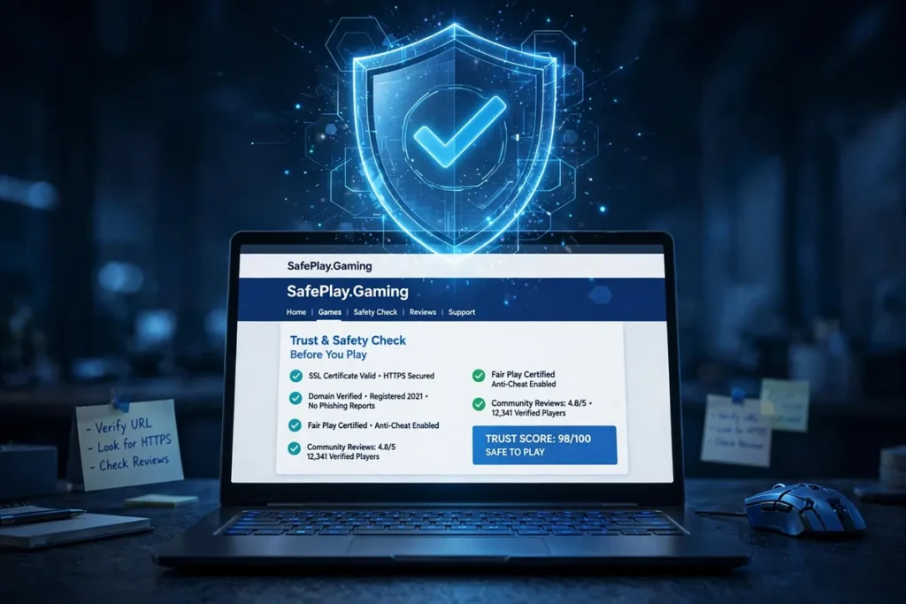 A glowing shield with a checkmark over a laptop, representing online safety verification