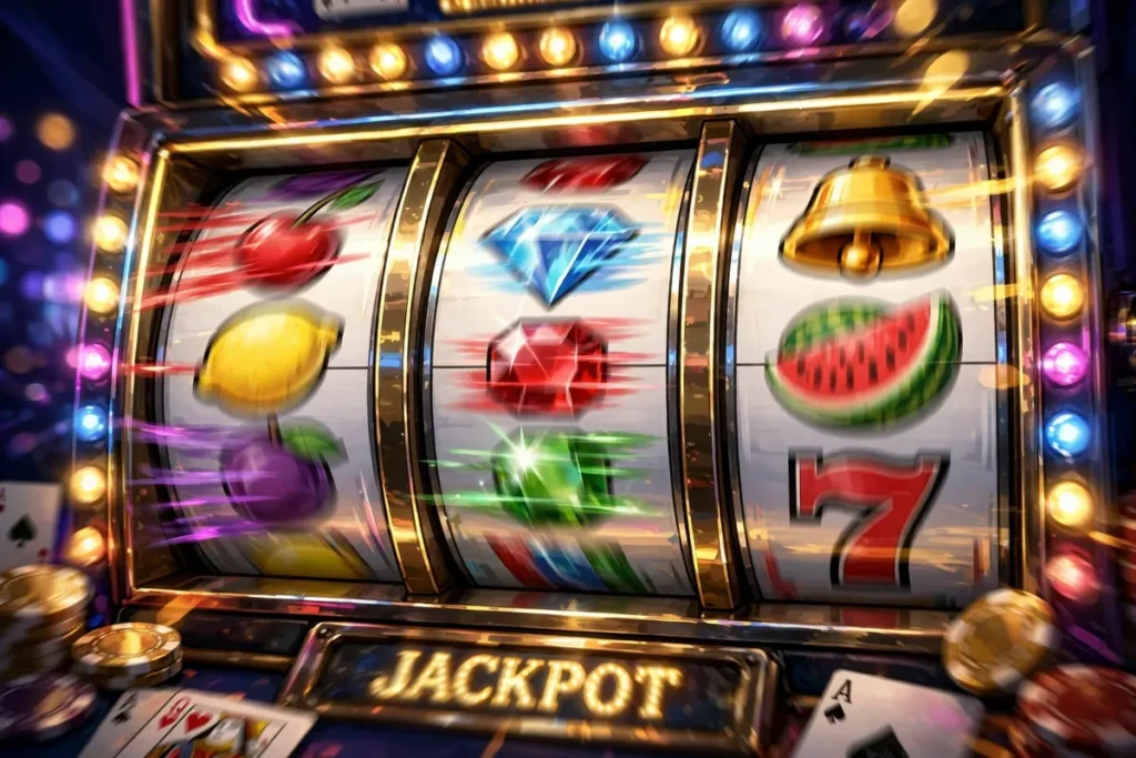 Close-up of colorful online slot machine reels spinning with bright casino lights