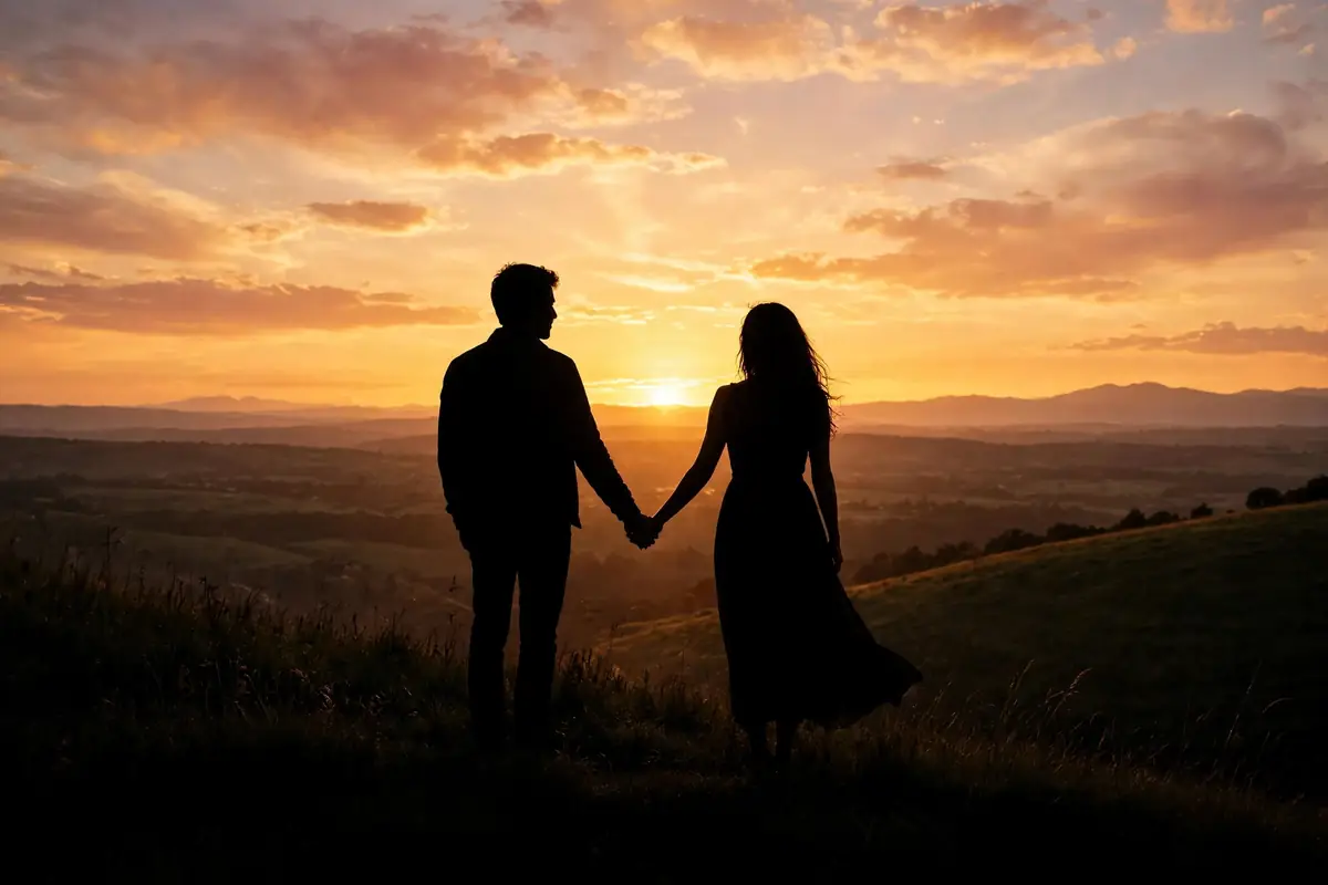 Silhouette d'un couple au coucher du soleil évoquant une relation amoureuse stable, message de l'heure 14h14.