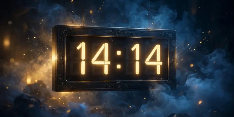 Horloge digitale affichant l'heure miroir 14h14 dans une lumière douce et mystique.
