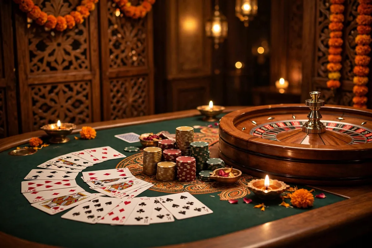 Casino table with playing cards, poker chips and a roulette wheel in warm ambient lighting.