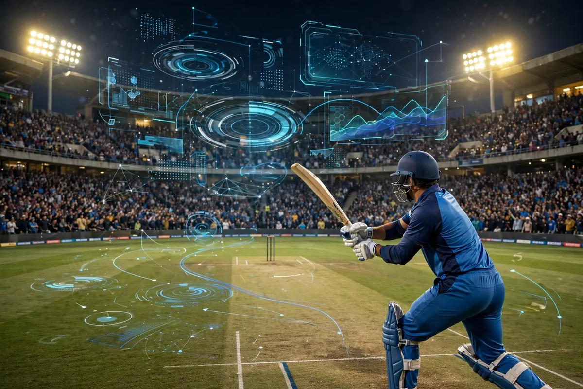Cricket batsman playing a shot in a packed stadium with live match data overlays.