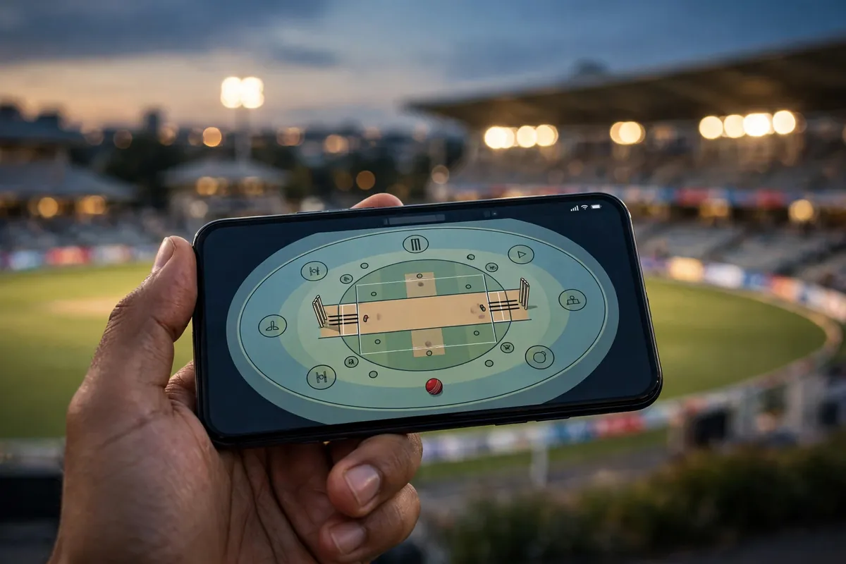 Hand holding a smartphone showing a sports app with a cricket stadium blurred in the background.