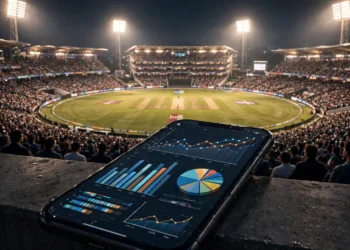 Cricket stadium glowing under floodlights at night with a smartphone showing a sports statistics dashboard.