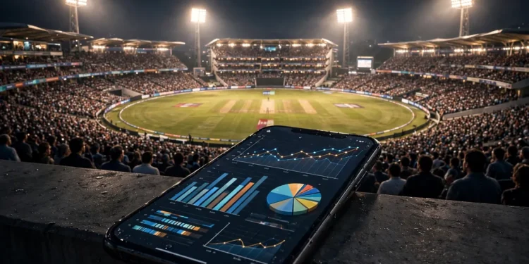 Cricket stadium glowing under floodlights at night with a smartphone showing a sports statistics dashboard.