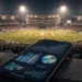 Cricket stadium glowing under floodlights at night with a smartphone showing a sports statistics dashboard.