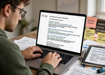 Person typing an advanced search operator query on a laptop with search results displayed.