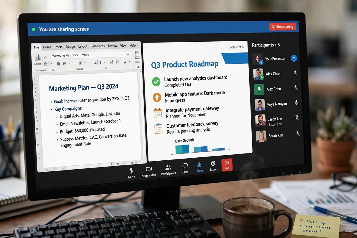 Computer monitor showing a shared screen with documents during an online meeting.