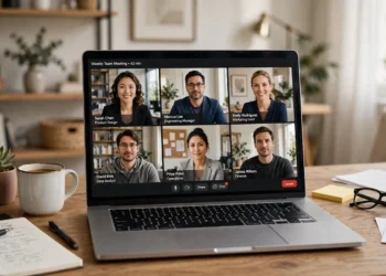 Laptop displaying a video conference call grid, representing the Izeeconf browser-based meeting tool.