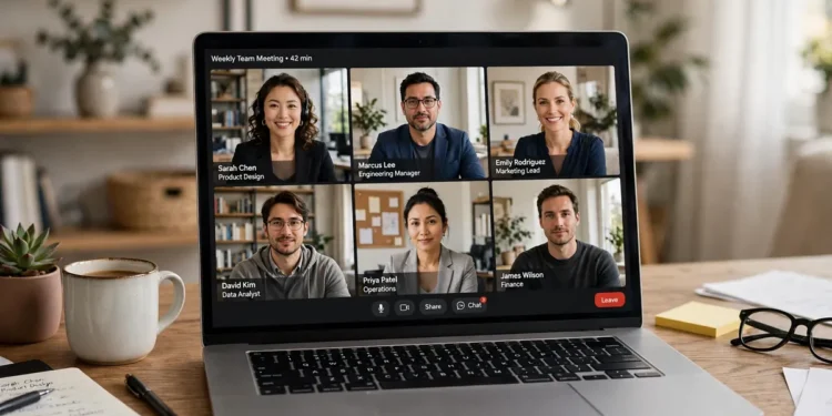 Laptop displaying a video conference call grid, representing the Izeeconf browser-based meeting tool.