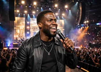 Kevin Hart performing stand-up comedy on an arena stage with a microphone in front of a large cheering crowd.