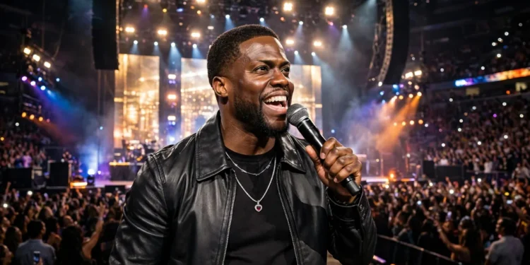 Kevin Hart performing stand-up comedy on an arena stage with a microphone in front of a large cheering crowd.
