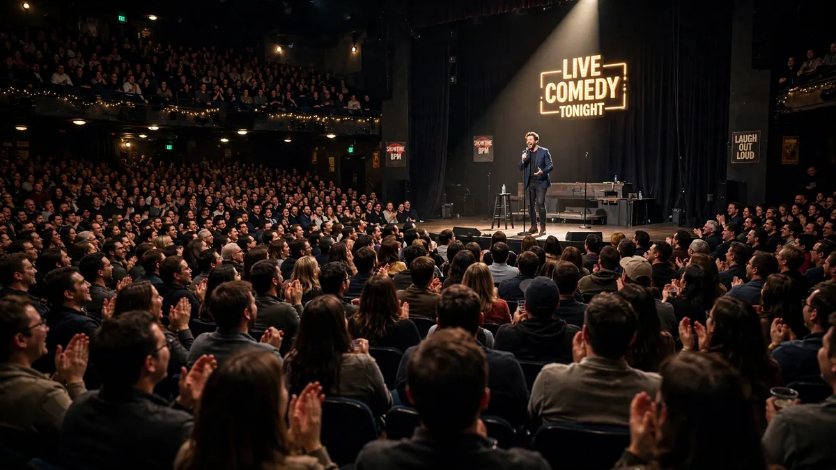 A packed comedy arena during a live stand-up show, with the stage spotlighted and the audience laughing.