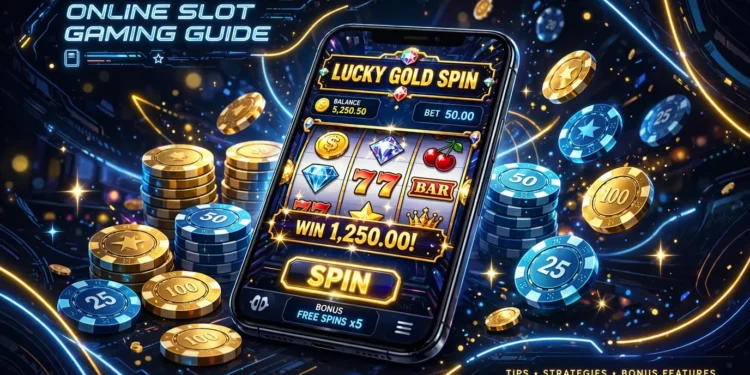 Smartphone displaying an online slot game with casino chips and neon lights, illustrating the Mega155 Online guide