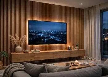 Moderne Wohnzimmerwand mit TV: Holzlamellenverkleidung, LED-Hintergrundbeleuchtung und schwebendem Lowboard im warmen Abendlicht.