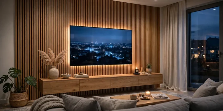 Moderne Wohnzimmerwand mit TV: Holzlamellenverkleidung, LED-Hintergrundbeleuchtung und schwebendem Lowboard im warmen Abendlicht.