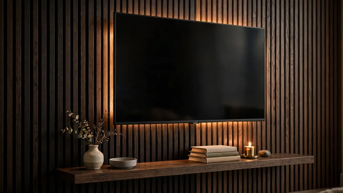 TV wall with dark wood slat cladding and indirect lighting in a modern living room.