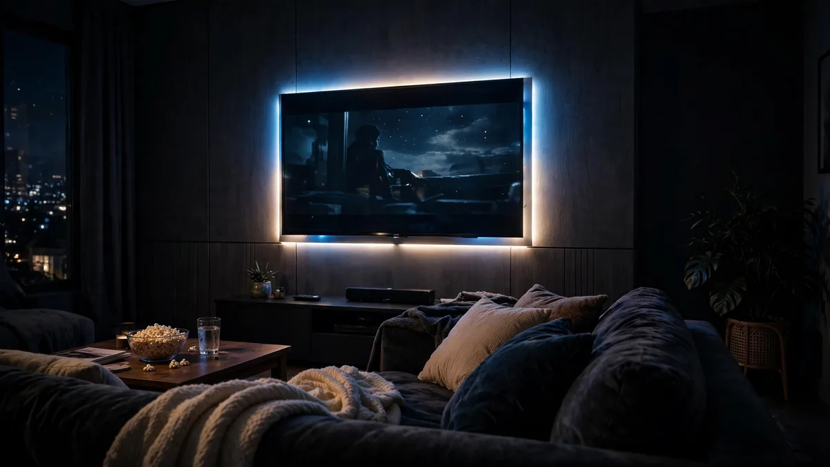 Television mounted on the wall with colored LED backlighting for a true cinema atmosphere in a darkened living room.