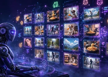 Illustration of the ZoroX AI agent monitoring TikTok video screens with Solana blockchain graphics.
