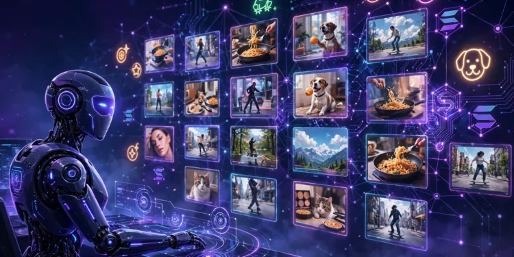 Illustration of the ZoroX AI agent monitoring TikTok video screens with Solana blockchain graphics.